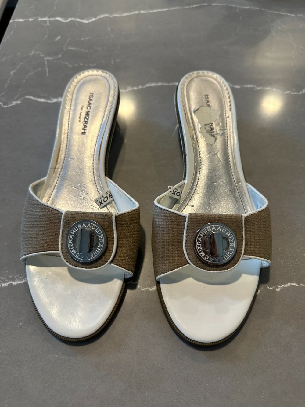 Isaac Mizrahi for Target White and Khaki Kitten Heel Slide Sandals